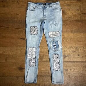 Serenade Jeans Mens 34 Blue Punk Skater Bandana Patchwork Distressed Stretch